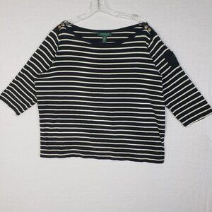 Vintage Ralph Lauren Top Pullover Nautical Black White Breton Stripe Crest sz 2X